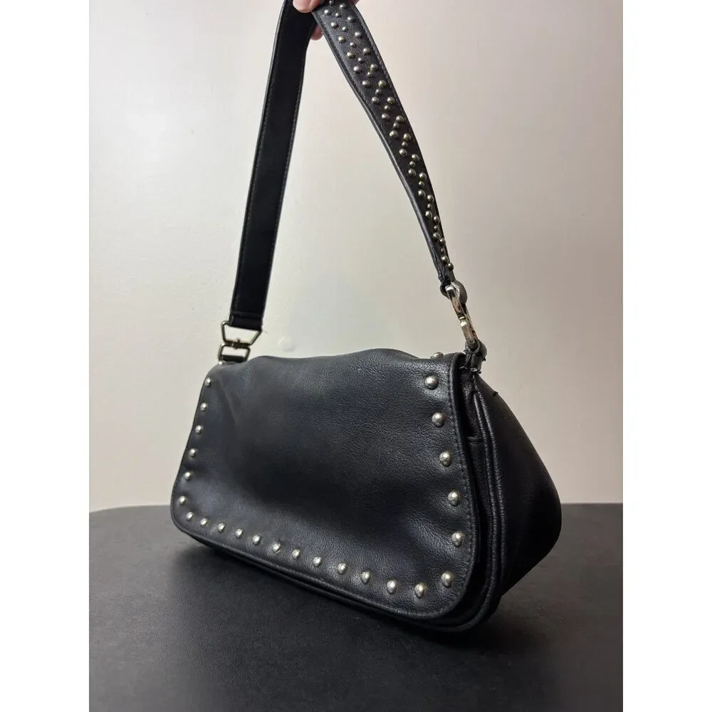 Black Faux Leather Studded Black Shoulder Bag Goth Grunge Biker Chic Rectangle